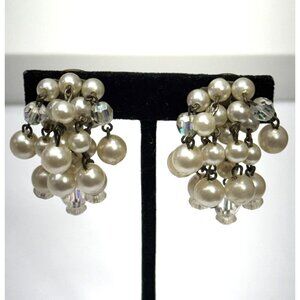 Vintage waterfall cluster faux pearl crystal clip on earrings